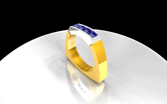 Channel ring with four square cut, also known as princess cut,  Sapphires in a platinum body with a yellow gold shank.