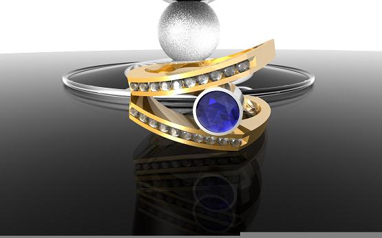 Yellow Gold Split Shank Channel Ring with Bezel set round shaped Sapphire